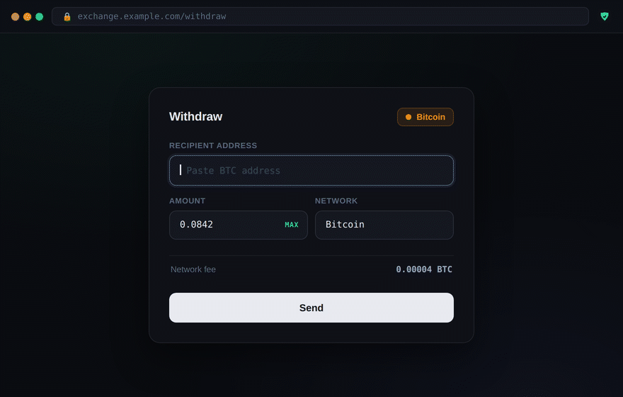 Animated demo: pasting a Bitcoin address triggers the ClipWatch verification overlay; the trusted address is confirmed and lands in the field